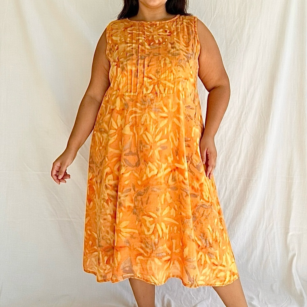 Tropical Earth Tones Island Wear Handmade Batik Midi Sundress Orange Floral - Picture 3 of 8